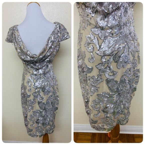 Calvin Klein Womens Sequined Cowl Back Cocktail Dress CD9BGP9X Size 4 Gray Beige - Picture 3 of 12